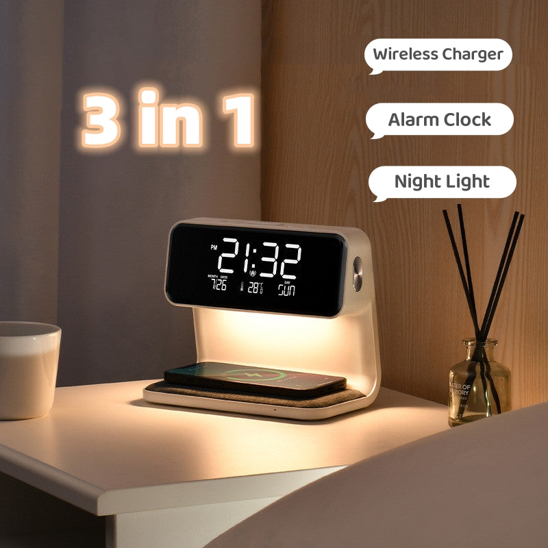 Creative 3-in-1 Bedside Lamp with Wireless Charging & LCD Alarm Clock
