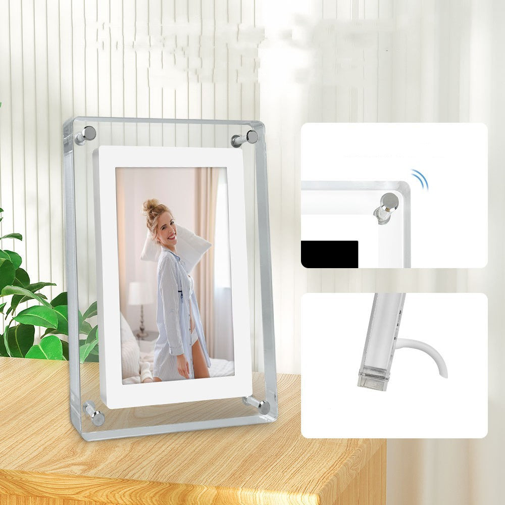 Clear photo frame with a woman's picture on a wooden surface, with inset showing a close-up of the frame.